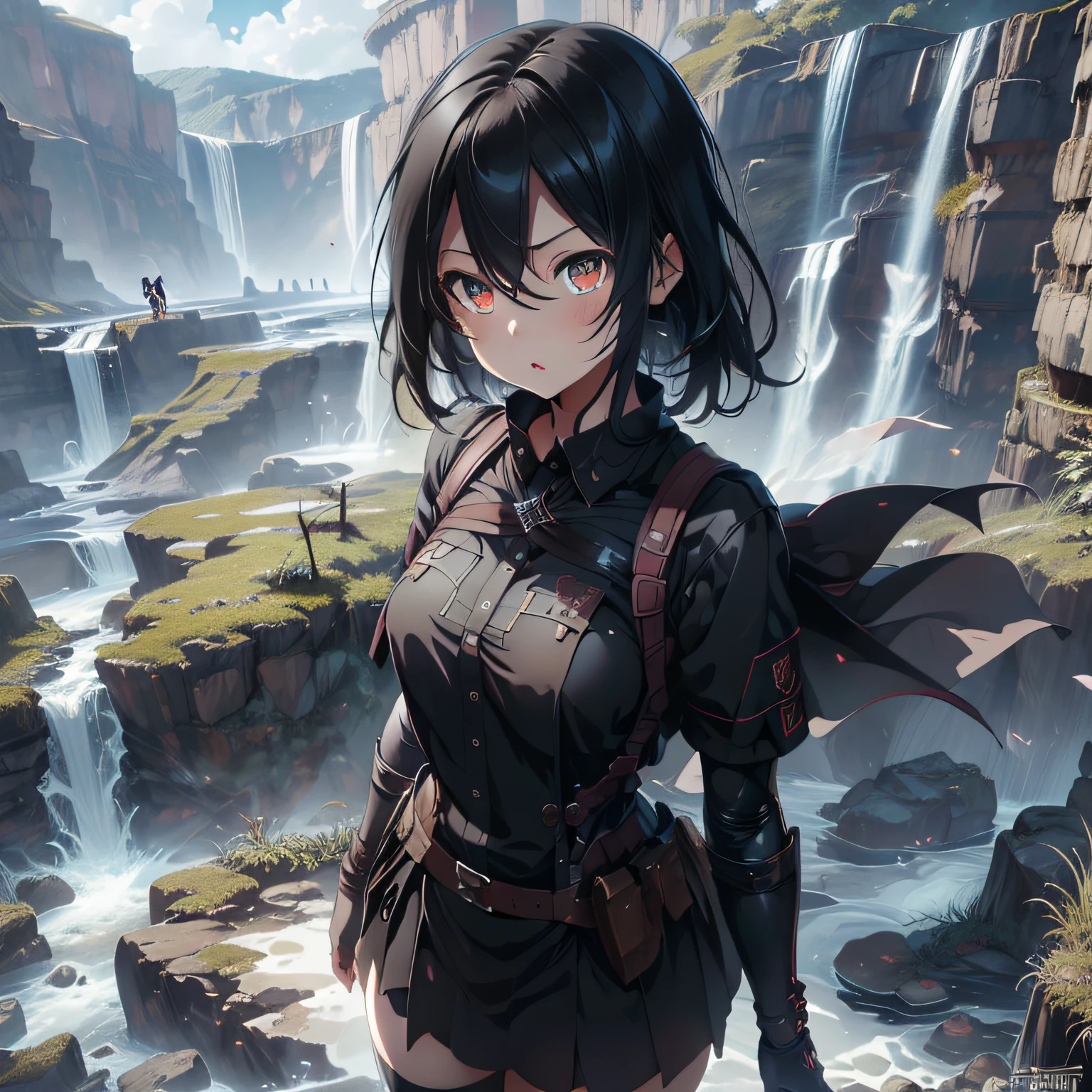 Mikasa Ackerman, hiperfoco, Very high quality image, secretary, roupa curta apertada, camisa branca, waterfall, encaixar, hyper-realistic image, Rosto bonito perfeito, olhos bonitos perfeitos, perfect beautiful lips, clivagem, pele brilhante,  Posar