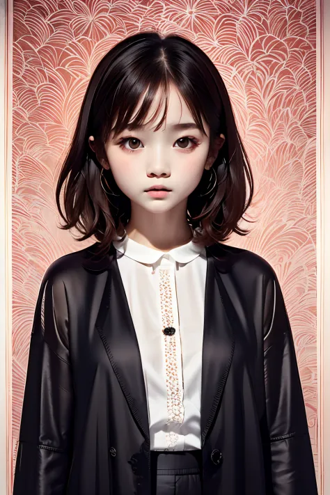 complex geometric pattern background、dark color、cute little girl s、a short bob、looking away、white baggyｔthe shirt、printed shirt、...