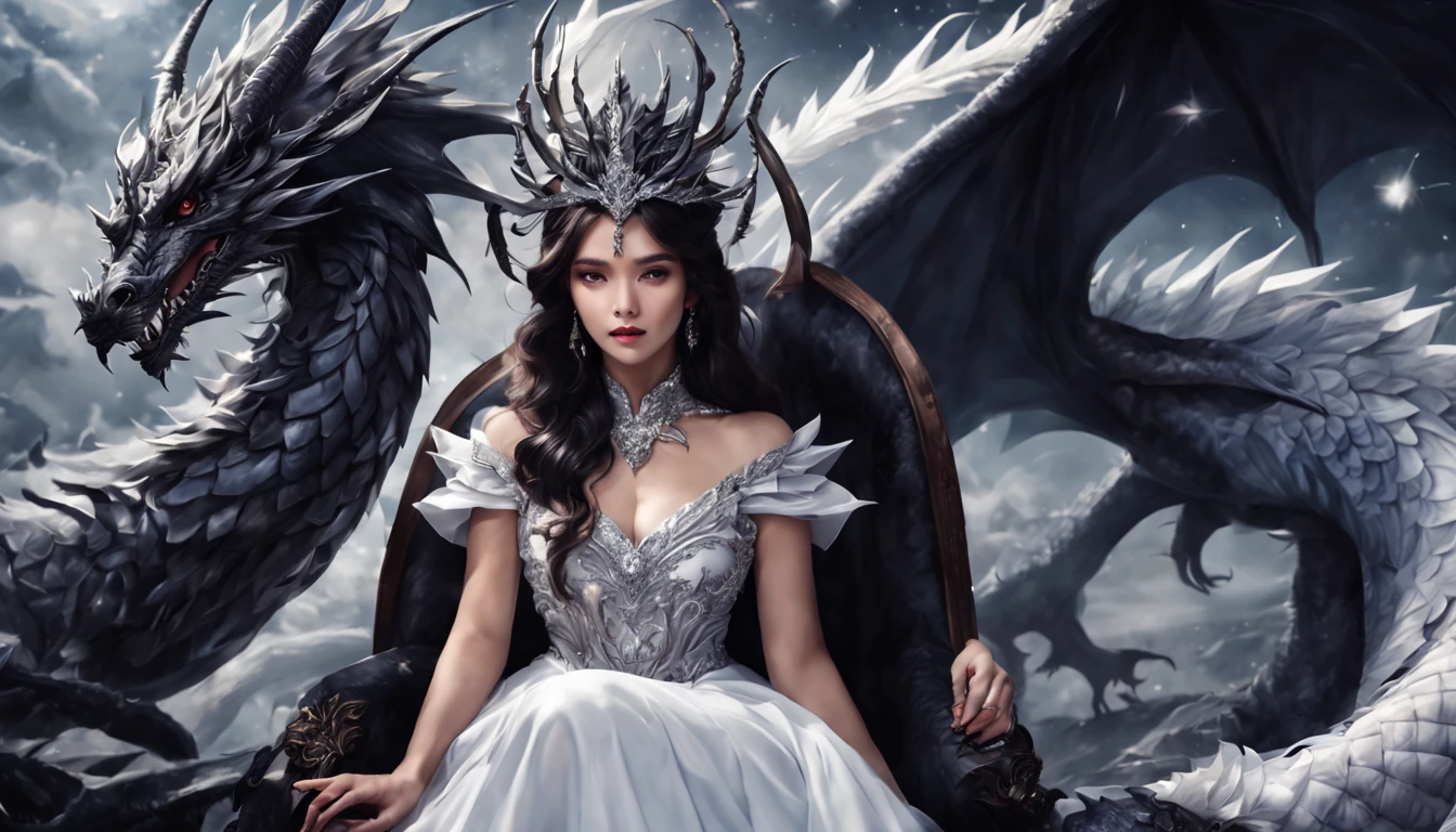 A woman in a white dress sitting on a throne next to a dragon - SeaArt AI