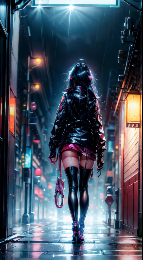 Anime style. Robotic mechanic futuristic girl walking in streets with umbrella, rain in the city, night, neon lights in streets....