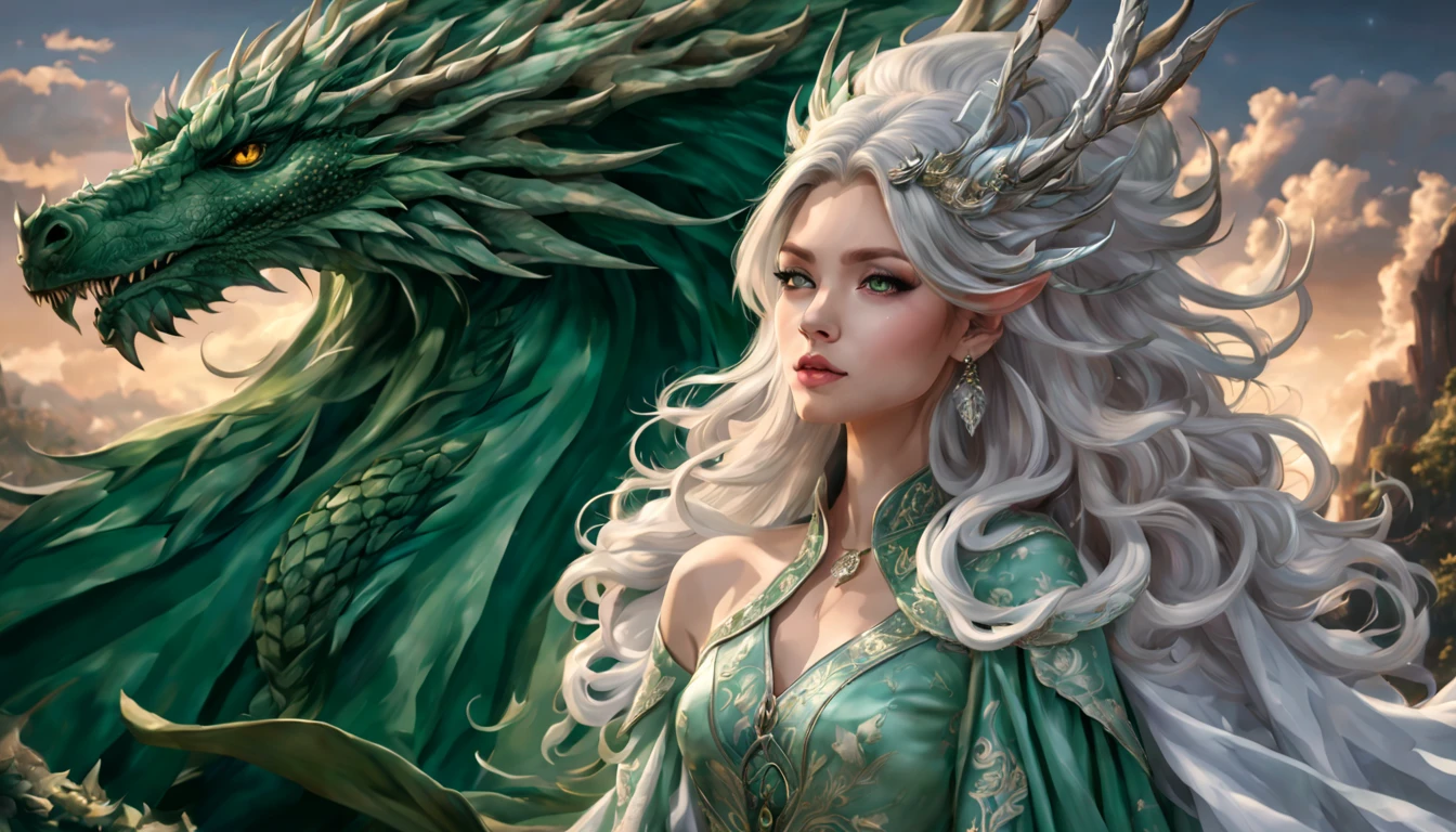 A woman with long white hair and a green dragon - SeaArt AI