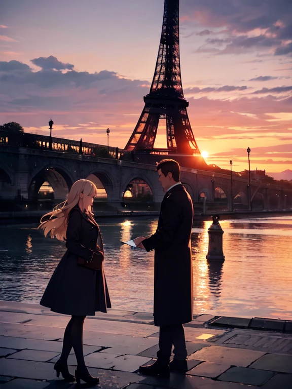 A couple stands in front of the Eiffel Tower at dusk, capturing a memorable moment. They hold a vibrant postcard featuring Parisian landmarks,(post card):1.3, The setting sun casts a soft, rosy hue over the scene, enhancing the tower's majestic silhouette. Around them, the city lights begin to twinkle, reflecting off the Seine River. The air is filled with the gentle hum of the bustling city and distant sounds of accordions, adding a romantic Parisian atmosphere. The couple's joyful expressions and the iconic backdrop create a perfect blend of travel and nostalgia.