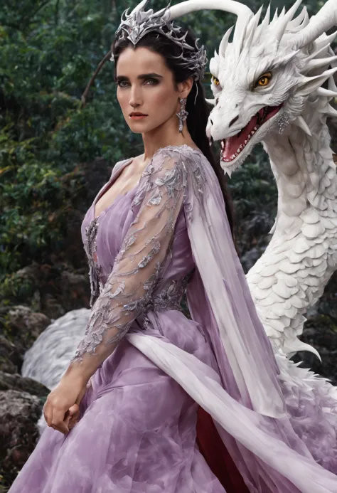 queen of the white dragon, mulher madura jovem, "jennifer connelly", orelhas longas de elfos, elegant lilac ruby dress, mama gra...