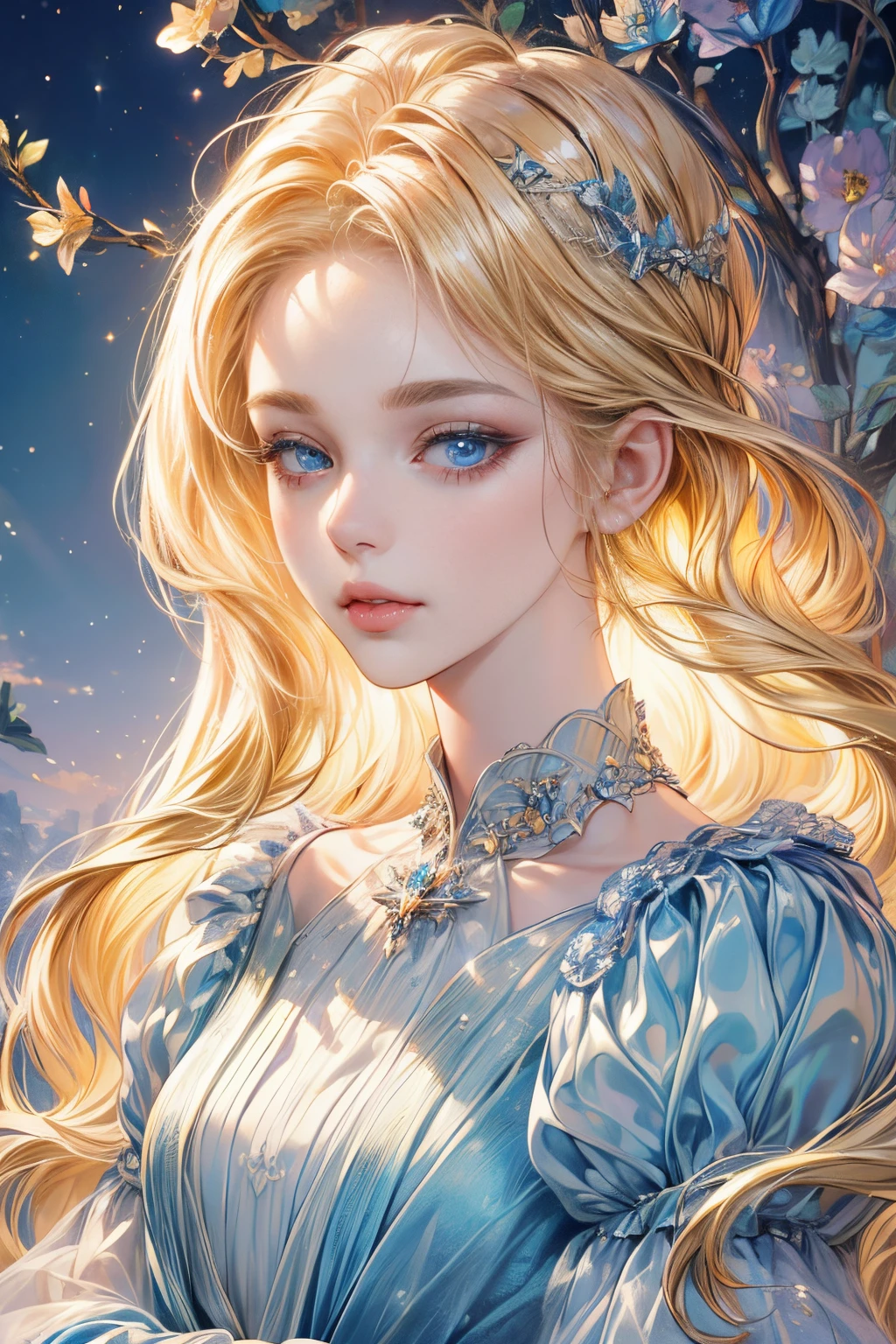 (best quality:1.4), (masterpiece:1.4), ultra-high resolution, 8K, CG, (exquisite:1.2), upper body, , Thumbelina, little princess, blue taffeta court dress, forest background, detailed facial features, blonde hair, almond-shaped eyes, detailed eye makeup, long eyelashes, blue eyes with a starry gaze, exquisite lip details, soft and harmonious style
