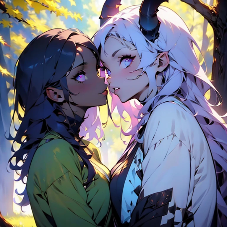 (masterpiece, best quality, 8k, sharp focus, depth of field, best shadows, perfect lights, HDR, realistic skin texture, ultra-detailed background, detailed), anime style, 2 women kissing (one of them has purple eyes, white skin, white hair, purple horns, average breasts, athletic, makeup, eyeliner), (the other woman has black hair, white skin, green eyes, no horns), at a spring, fantasy theme,  forest.