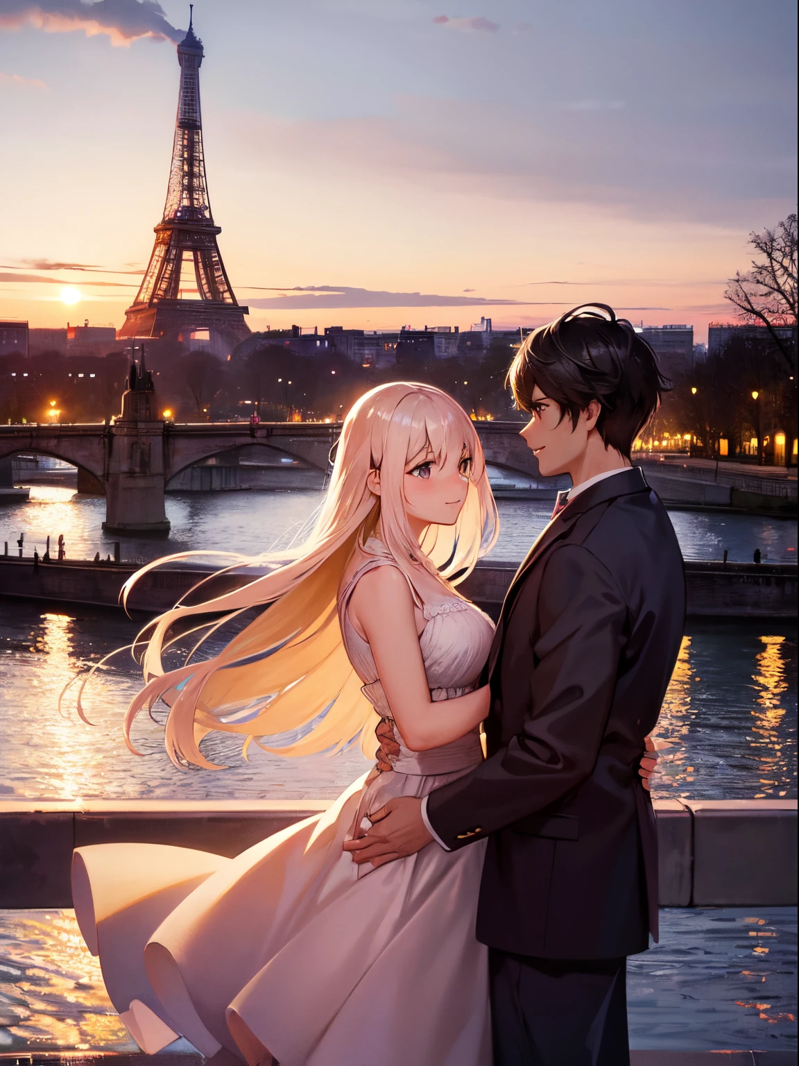 Una pareja se encuentra frente a la Torre Eiffel al anochecer., capturando un momento memorable. Sostienen una vibrante postal con monumentos parisinos,(tarjeta postal):1.3, El sol poniente proyecta un suave, tono rosado sobre la escena, realzando la majestuosa silueta de la torre. Alrededor de ellos, las luces de la ciudad comienzan a parpadear, reflejándose en el río Sena. El aire se llena con el suave zumbido de la bulliciosa ciudad y los sonidos distantes de los acordeones., añadiendo un ambiente romántico parisino. Las alegres expresiones de la pareja y el icónico telón de fondo crean una combinación perfecta de viaje y nostalgia..