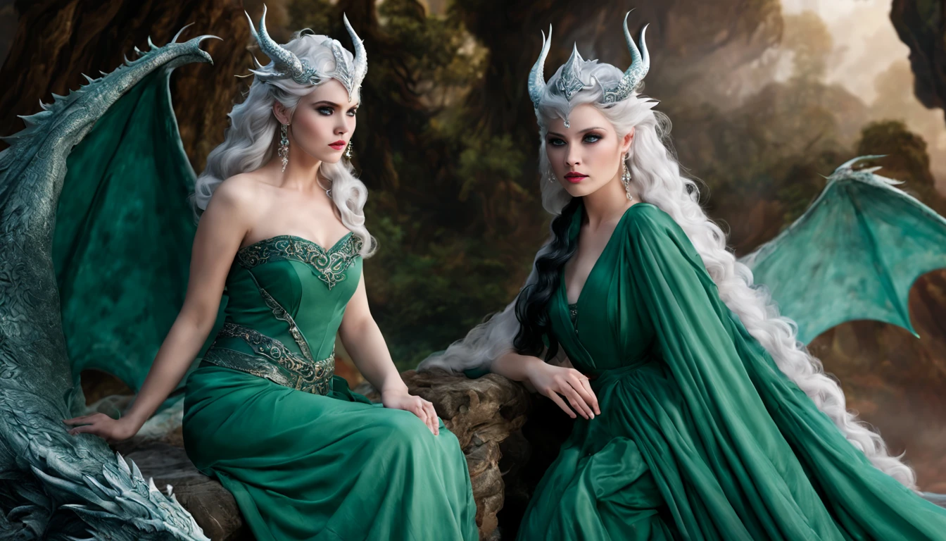 Queen of the White Dragon, young mature woman, "Ema Stones", long elf ears, elegant emerald dress, large breast, Curvy, dragon ling vawy hair, Super Long Hair, soft facial features, White dragon horns on his head, majestic woman, silver decoration on her emerald dress, Silver Star Queen, large blue eyes, cherry lips, White dragons, starly sky