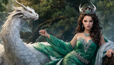 Queen of the White Dragon, mulher madura jovem, "Ema Stones", orelhas longas de elfos, vestido esmeralda elegante, mama grande, ...