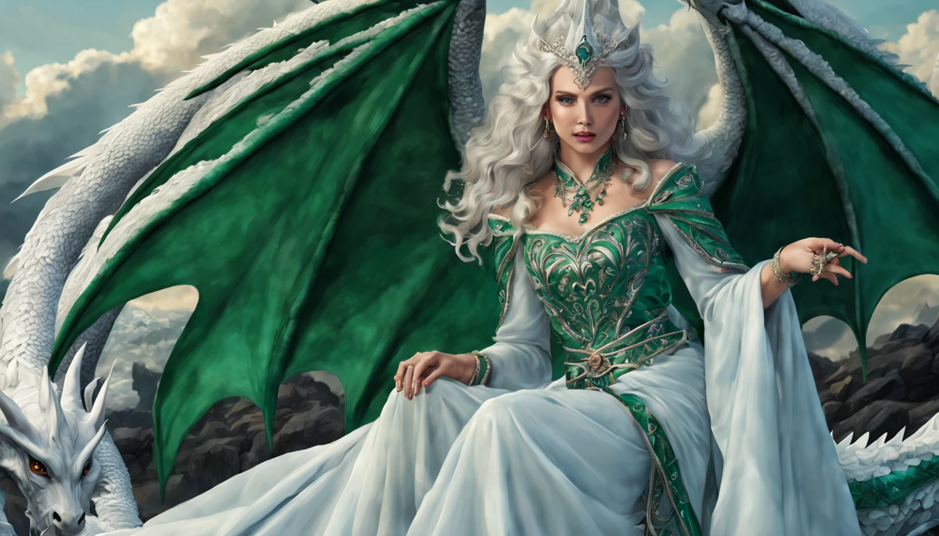 Queen of the White Dragon, young mature woman, "Ema Stones", long elf ears, elegant emerald dress, large breast, Curvy, dragon ling vawy hair, Super Long Hair, soft facial features, White dragon horns on his head, majestic woman, silver decoration on her emerald dress, Silver Star Queen, large blue eyes, cherry lips, White dragons, starly sky