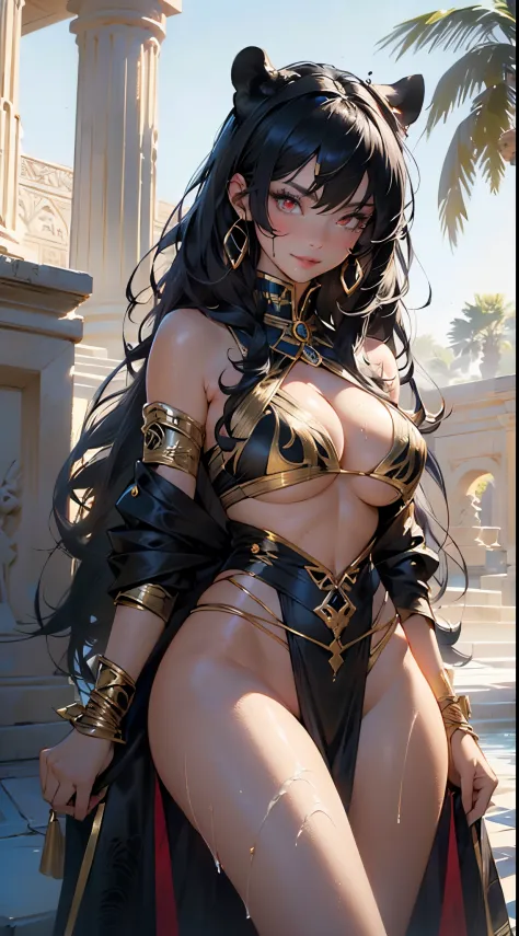 queen panther girl from ancient Egypt,

(((panther woman,anthro furry cute,panther female warrior,panther-girl))),(((tail,panther tail,panther ears,thin panther tail,panther ears on head,big panther ears))),(large breasts:1.4,saggy breasts),((black hair:1....