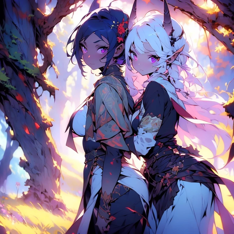 (masterpiece, best quality, 8k, sharp focus, depth of field, best shadows, perfect lights, HDR, realistic skin texture, ultra-detailed background, detailed), anime style, 2 women kissing (one of them has purple eyes, white skin, white hair, purple horns, average breasts, athletic, tall), (the other woman has black hair, white skin, green eyes, no horns), at a spring, fantasy theme,  forest.