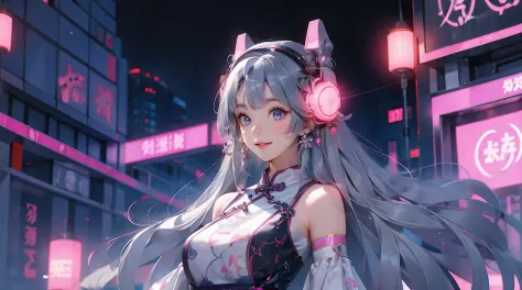 1 girl, chinese_clothes, liquid silver and pink, cyberhanfu, cheongsam, cyberpunk city, dynamic pose, glowing headphones, glowin...