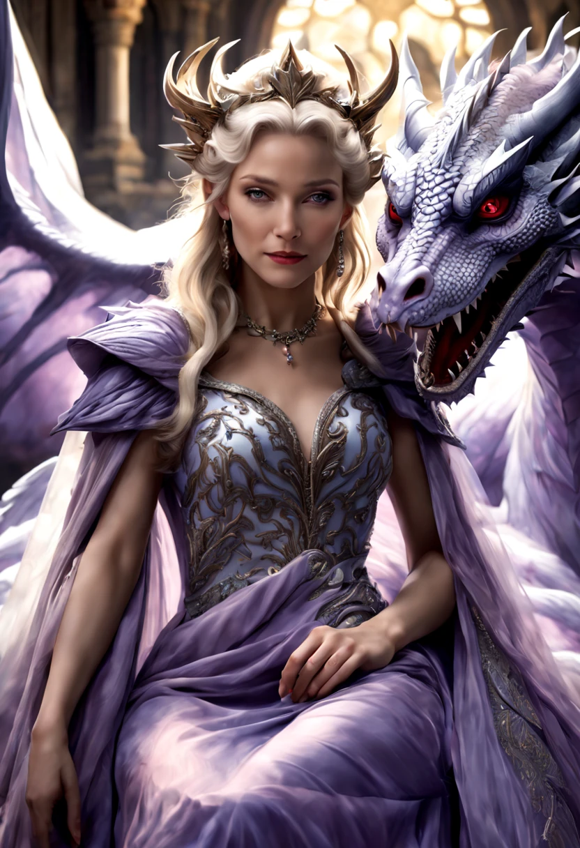 Queen of the White Dragon, mulher madura jovem, "Galadriel, Cate Blanchett", Orelhas longas de elfos, elegant lilac Ruby dress, mama grande, Curvy, dragon ling vawy hair, Cabelos Super Longos, soft facial features, White dragon horns on his head, Mulher majestosa, silver decoration on her Ruby lilac dress, Rainha Estrela Prateada, Grandes olhos azuis, cherry lips, White dragons, starly sky