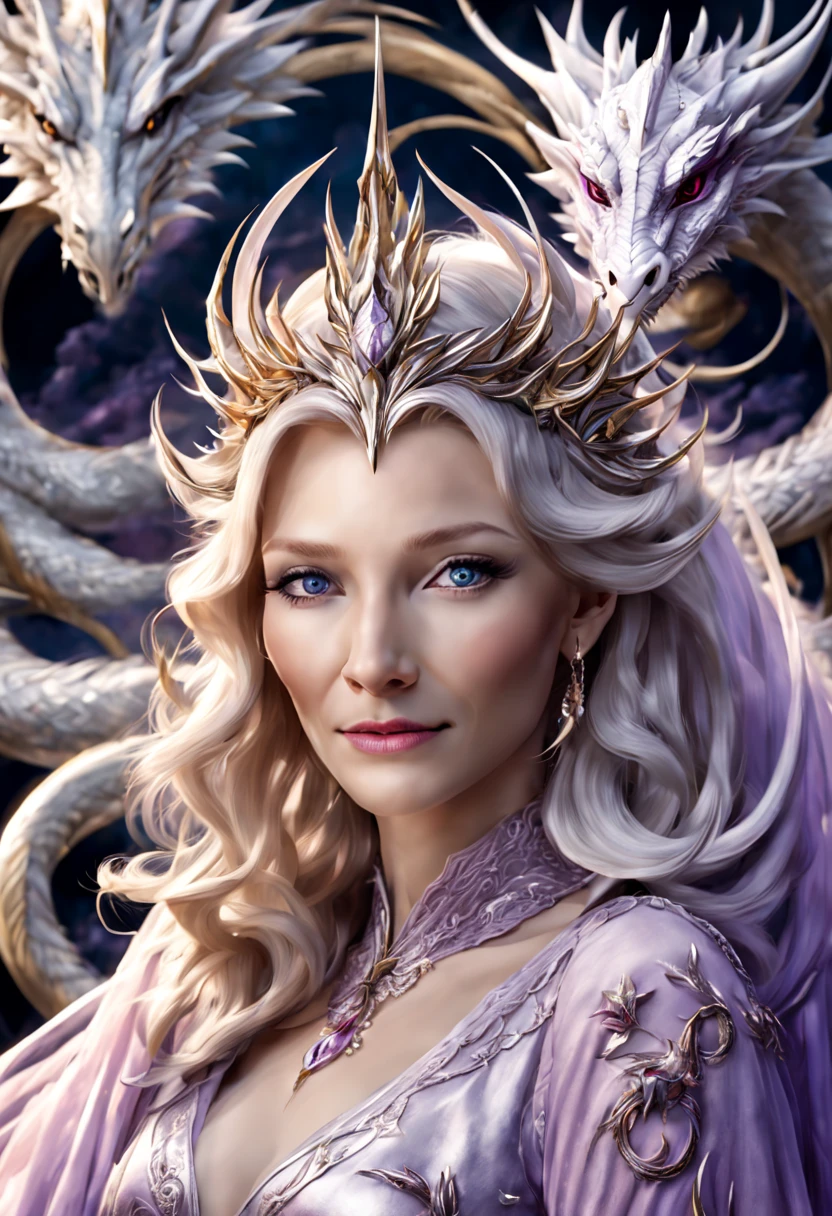 Queen of the White Dragon, mulher madura jovem, "Galadriel, Cate Blanchett", Orelhas longas de elfos, elegant lilac Ruby dress, mama grande, Curvy, dragon ling vawy hair, Cabelos Super Longos, soft facial features, White dragon horns on his head, Mulher majestosa, silver decoration on her Ruby lilac dress, Rainha Estrela Prateada, Grandes olhos azuis, cherry lips, White dragons, starly sky