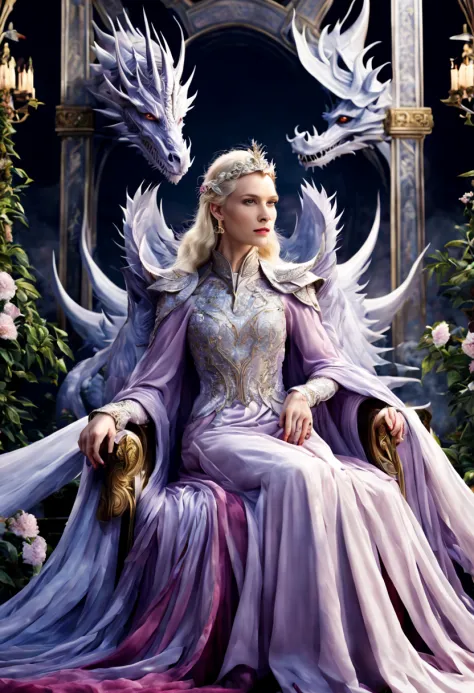 queen of the white dragon, mulher madura jovem, "galadriel, cate blanchett", orelhas longas de elfos, elegant lilac ruby dress, ...