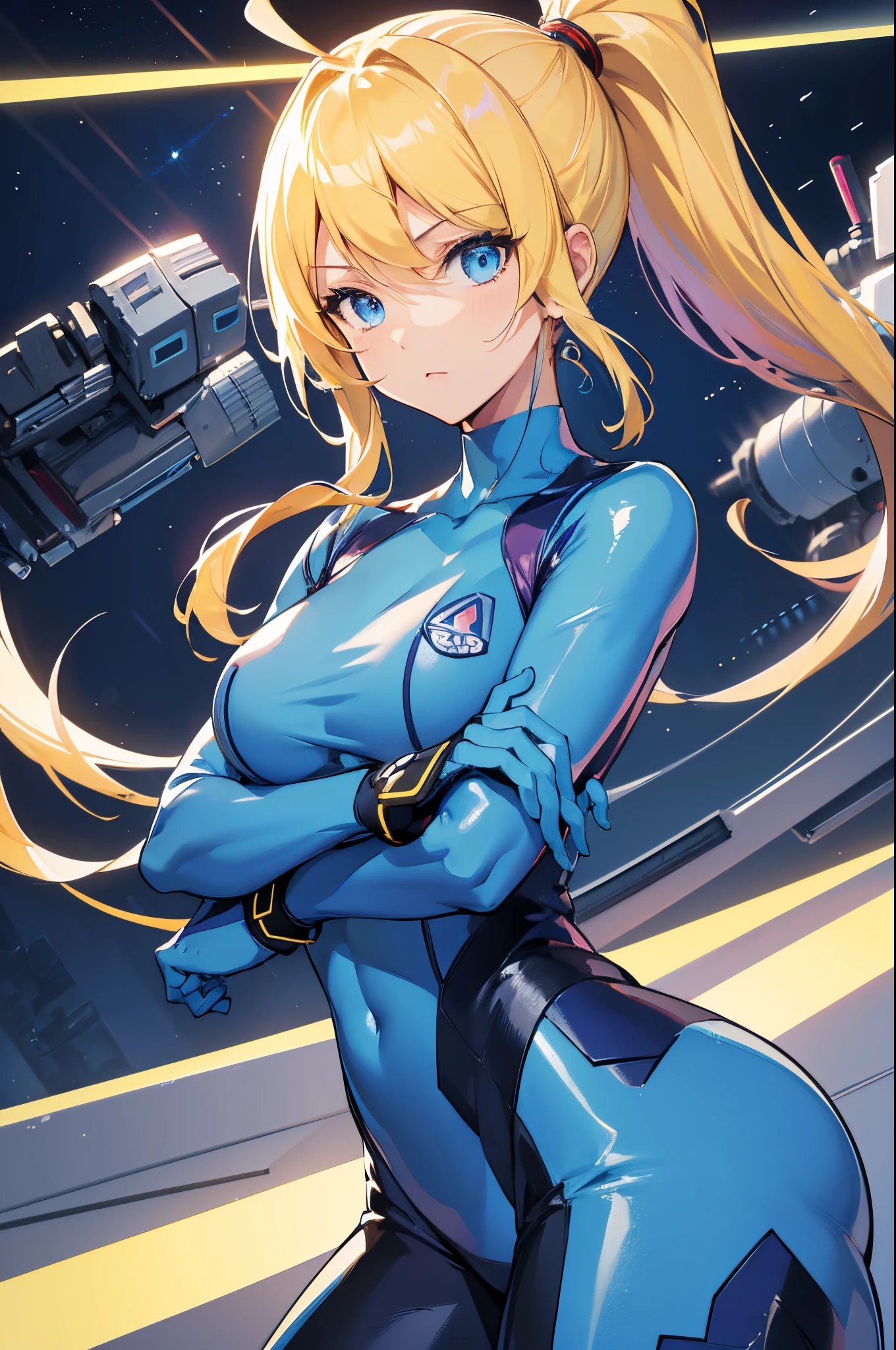 (masterpiece), best quality, expressive eyes, perfect face, highres, (8k), (perfect face), (ultra details), 1 girl, solo, samus aran,
ponytail, hair tie, blue gloves, blue bodysuit, body-tight suit, spacecraft background, hand to hip, standing, upper body, portrait, looking at the viewer, from front