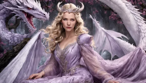 queen of the white dragon, mulher madura jovem, "galadriel, cate blanchett", orelhas longas de elfos, elegant lilac ruby dress, ...