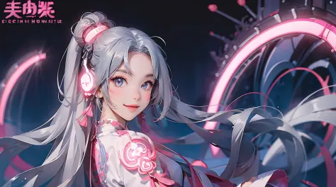 1 girl, chinese_clothes, liquid silver and pink, cyberhanfu, cheongsam, cyberpunk city, dynamic pose, glowing headphones, glowin...