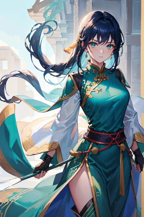 4K,hight resolution,One Woman,Dark blue hair,Longhaire,Green eyes,ancient chinese military commander,blue ancient chinese armor,...