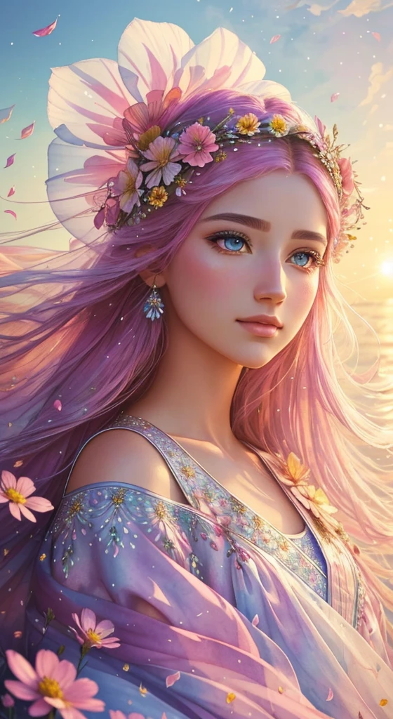 watercolors, pink. flower maiden realistic hair breeze. realistic face, extremely detailed, highly realistic eyes. Upper body fashion photography pose, wearing silk and satin. beautiful flowers different sizes and colors wind around her. background detailed, wild, unruly, wildflowers wind pollen. flowered headdress. watercolor sky. fantasy details, enhanced details, iridescence, colorful glittering wind, and pollen. dreamy and ethereal. 8k, intricate, elegant, highly detailed, majestic, digital photography, (masterpiece, finely detailed beautiful eyes: 1.2), hdr, realistic skin texture, ((fantasy00d:1)), rays of light, ornate flowers, dew drops, sunlight, hazy rays of sun