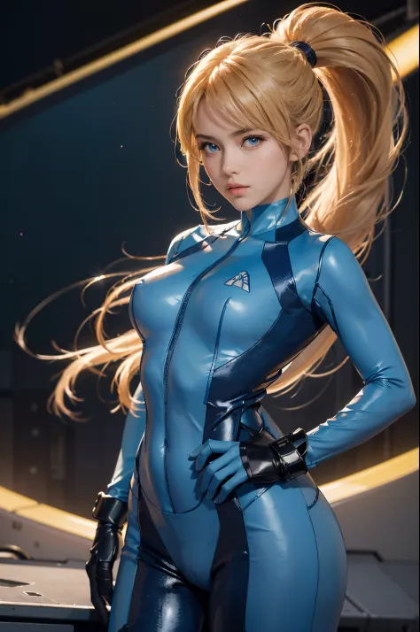 (masterpiece), best quality, expressive eyes, perfect face, highres, (8k), (perfect face), (ultra details), 1 girl, solo, samus aran,
ponytail, hair tie, blue gloves, blue bodysuit, body-tight suit, spacecraft background, hand to hip, standing, upper body,...