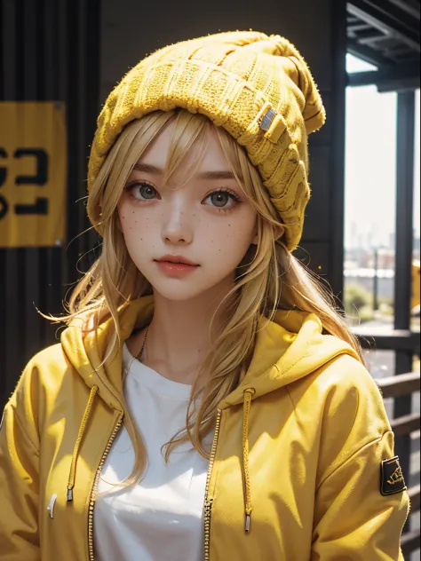 Blonde Girl wearing yellow beanie and yellow hoodie, freckles: 0.8, closeup:0.8, round clear sunglasses