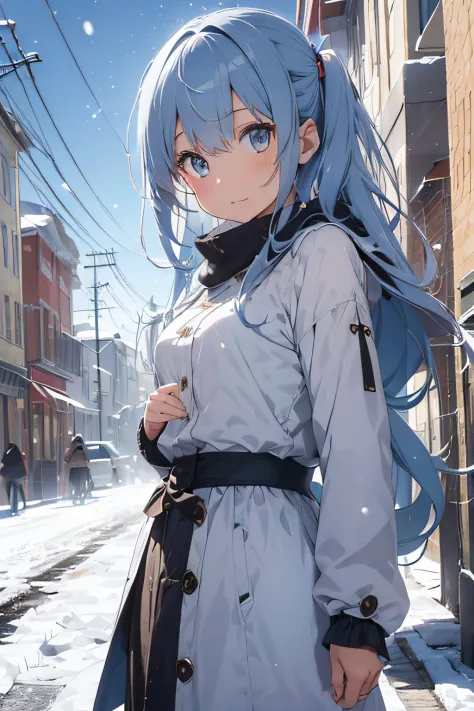 Beautiful fece, ​masterpiece, top-quality, hiqcgbody, animesque, 1girl in, Facing the front、is standing、Medium chest, portrait shot, Look at viewers、Laughing、lightblue hair、Wear thick clothing、Wearing a coat、Cold winter days、intricate detailes,>,((coverd)a...