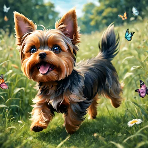 on grassland,Yorkshire terrier chasing lots of butterflies,In 2D chibi art style, masutepiece, Best Quality,