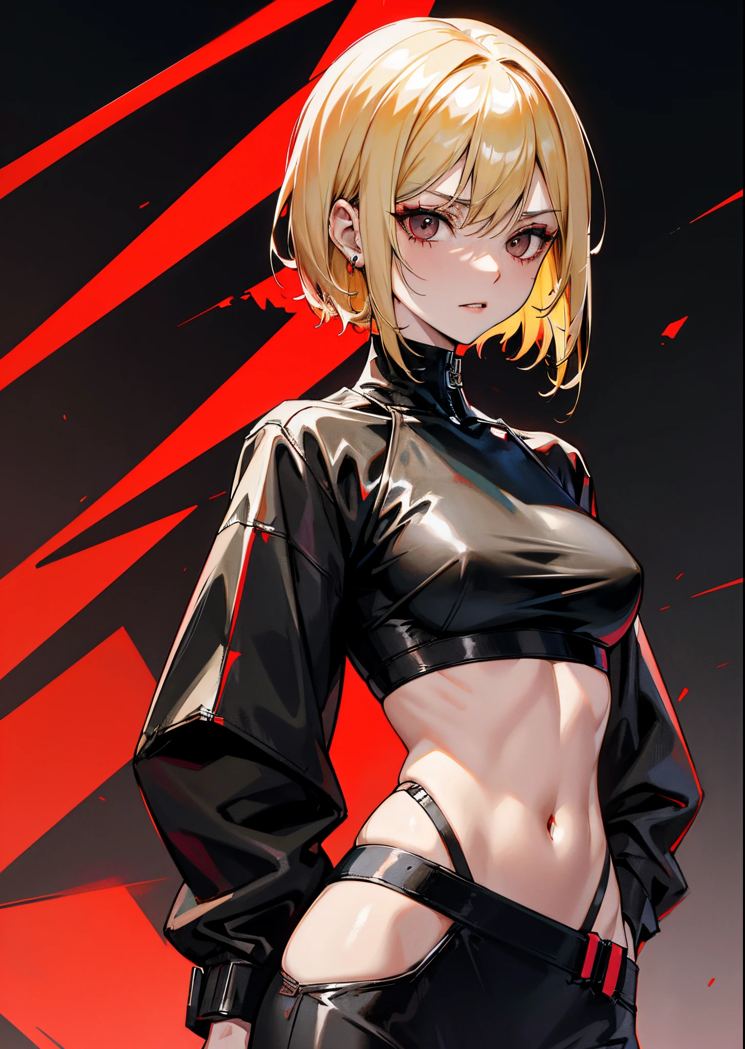 Psychopath, Cyberpunk, portrait, full length, dark background, front view, women, short hair, blonde hair (dyed with red), black crop top dress