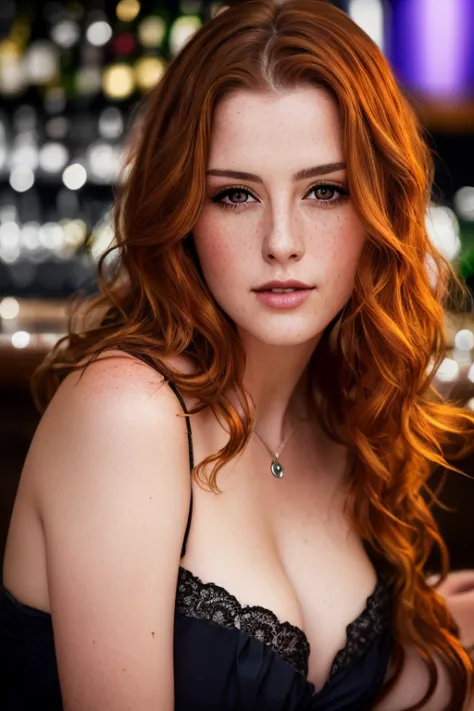 portrait photo of lenkaregalova beautiful woman, rotes haar,  haarknoten, nachtclub sitzt an der bar (meisterwerk) (best quality...