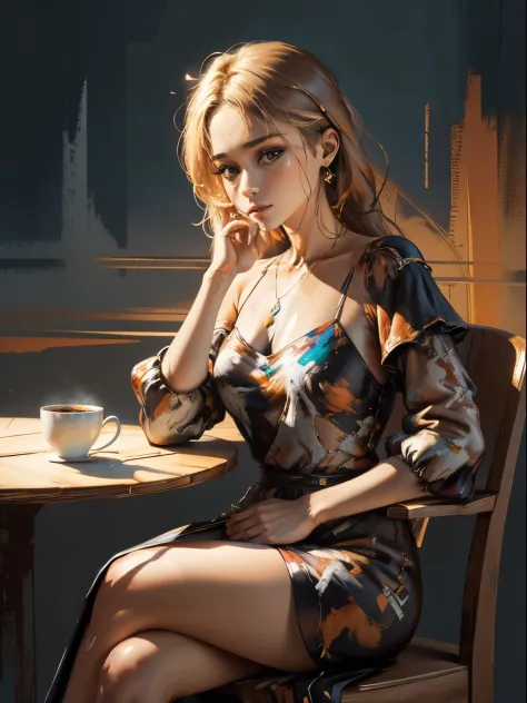 a half-body oil painting of a woman, sitting while drinking coffee, feita por um artista famoso {random select}. foi reconhecido...