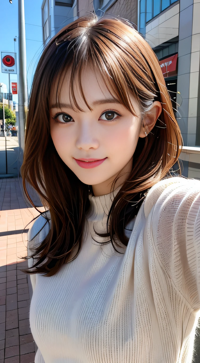masutepiece, Best Quality, Illustration, Ultra-detailed, finely detail, hight resolution, 8K Wallpaper, Perfect dynamic composition, Beautiful detailed eyes, Winter casual wear,Medium Hair,Small breasts natural color lip, Bold sexy poses,Smile,Harajuku、20 years girl、Cute、Sexy shot looking at camera