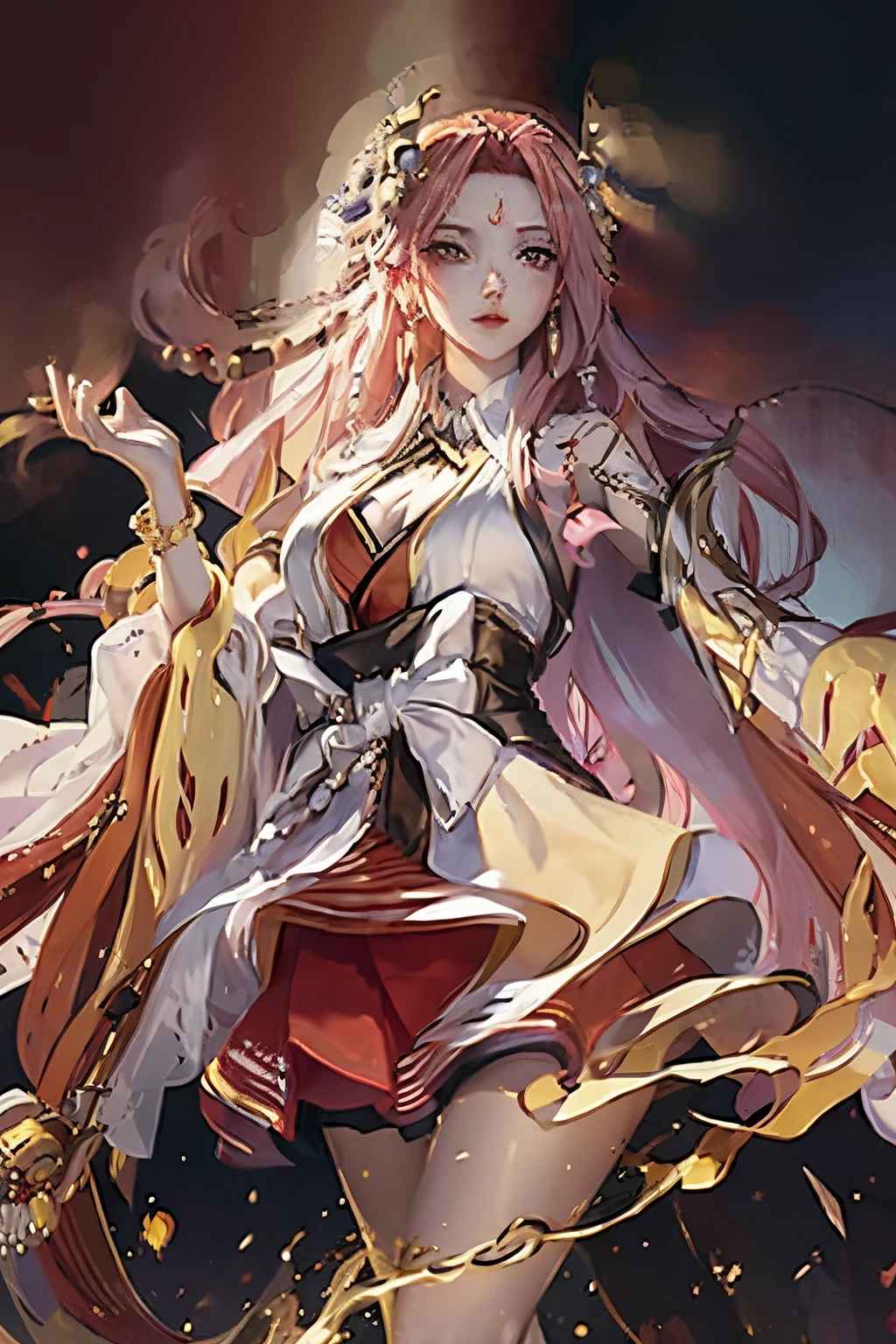 Anime-Mädchen mit langen blonden Haaren und Goldschmuck vor schwarzem Hintergrund, Onmyoji detaillierte Kunst, Anime-Göttin, Onmyoji-Porträt, onmyoji, weißhaariger Gott, die Göttin Artemis grinst, Mondgöttin, Komplexer und großartiger Anime-CGI-Stil, schöne Fantasiekaiserin, Werke der Göttin der Trauer, Mondgöttin, Mondgöttin