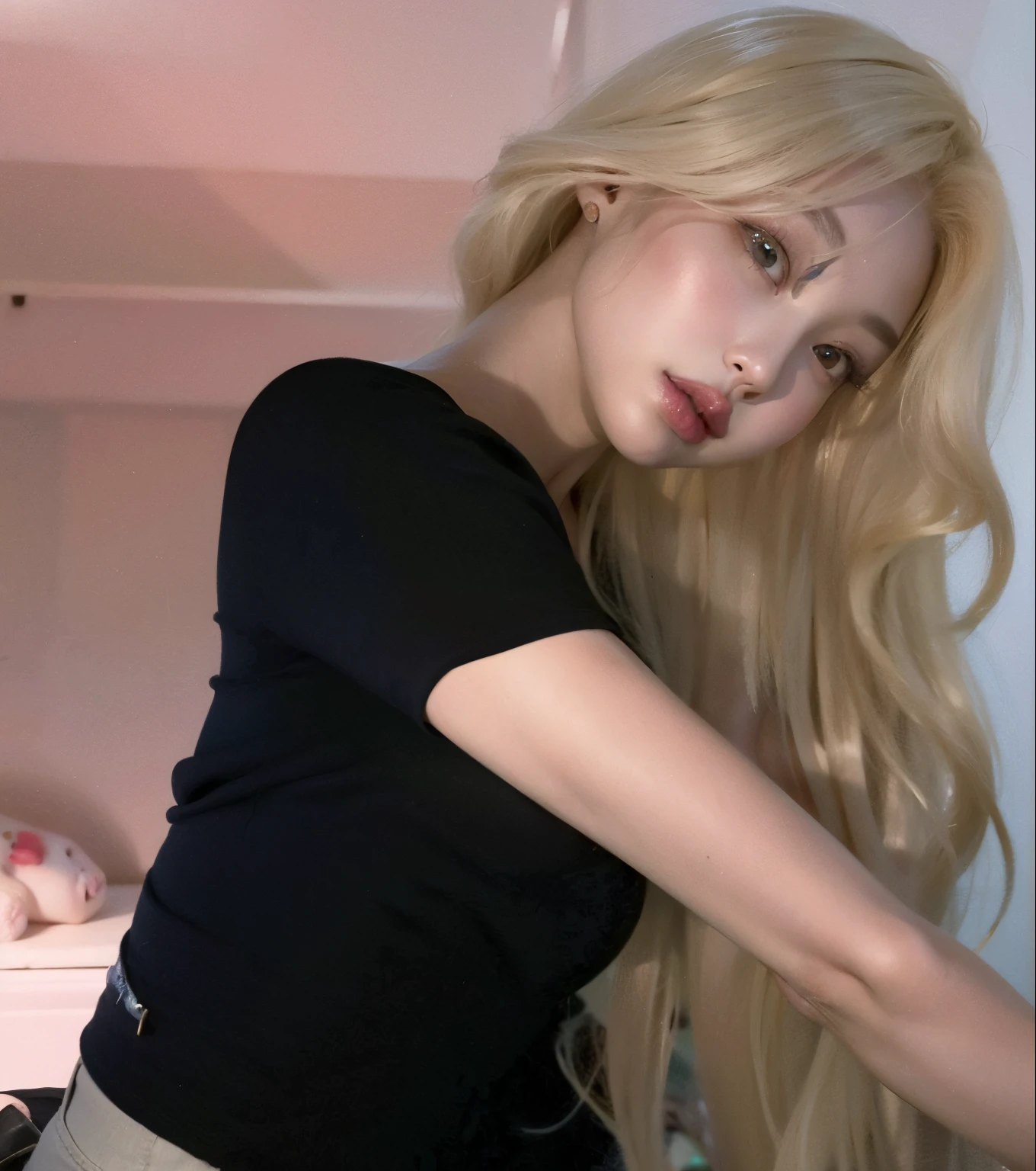 Blonde woman with long hair posing in a black shirt - SeaArt AI