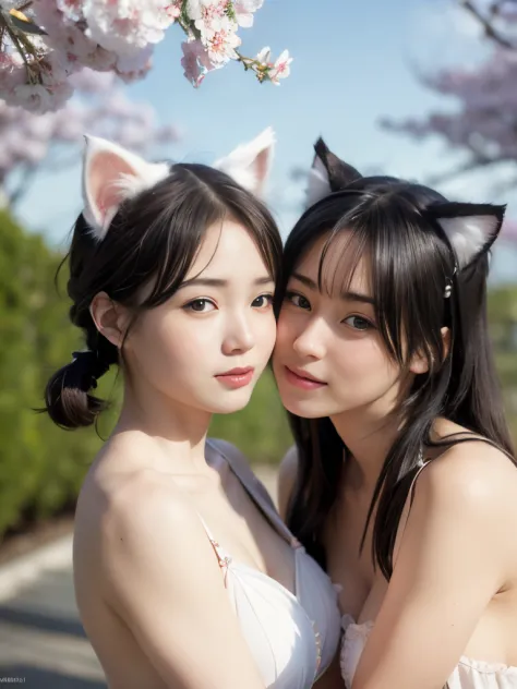 naked,((2girl:1.2)),(two beautiful Akihabara girls with cat ear:1.3),yuri,lesbian,kissing each other,(no makeup),((cute round face)),((realistic)),under cherry tree blossum,highschool student,Kawaii,hair tied up,bright pale skin,((baby face)),childish look...