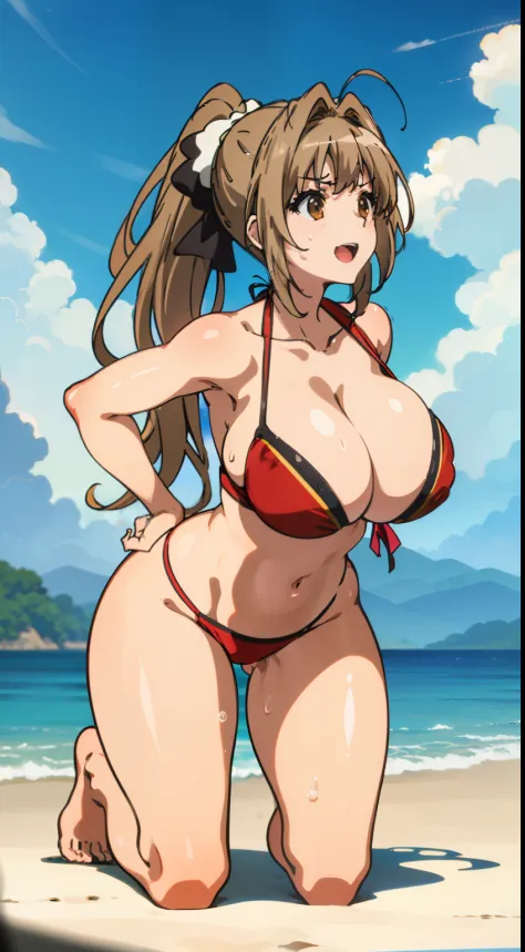Open mouth,Huge breasts,cleavage,wide hips,Ponytail,Brown hair,Brown eyes,Solo,micro red bikini,resort beach,Smile,Shiny body,,Wet body,sweat body,angry,pov,kneeling,kyoani style