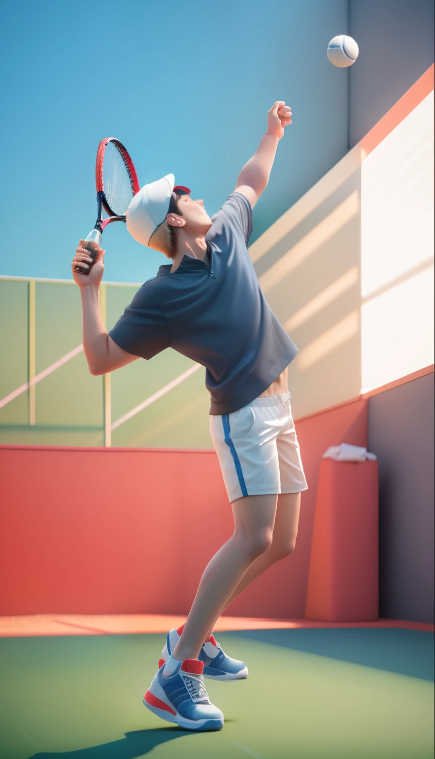 Painting of a man playing tennis on a tennis court with a racket - SeaArt AI