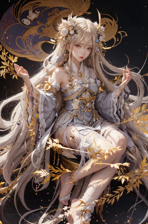 Anime girl with long blond hair and gold jewelry in front of black background, onmyoji detailed art, anime goddess, onmyoji port...