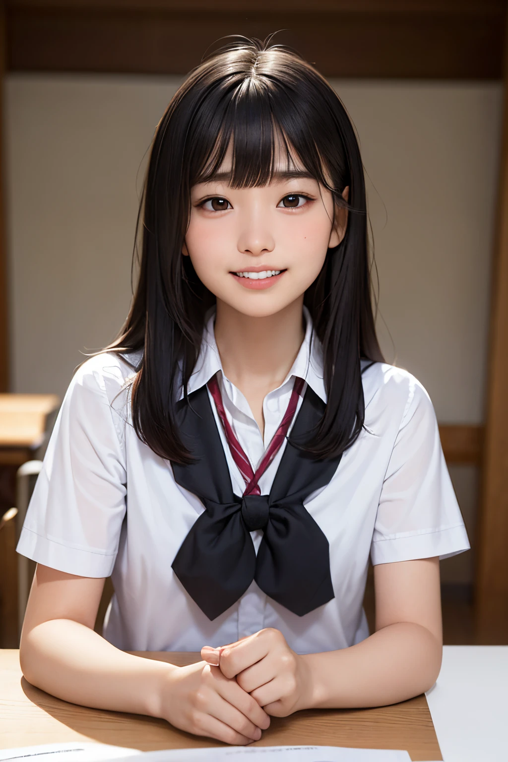 masterpiece, best quality, photoreal, 1girl, smile, teeth, flat bangs, stunning innocent symmetrical face, school uniform, black eyes, emotional, olchan, (PureErosFace_V1:0.7)