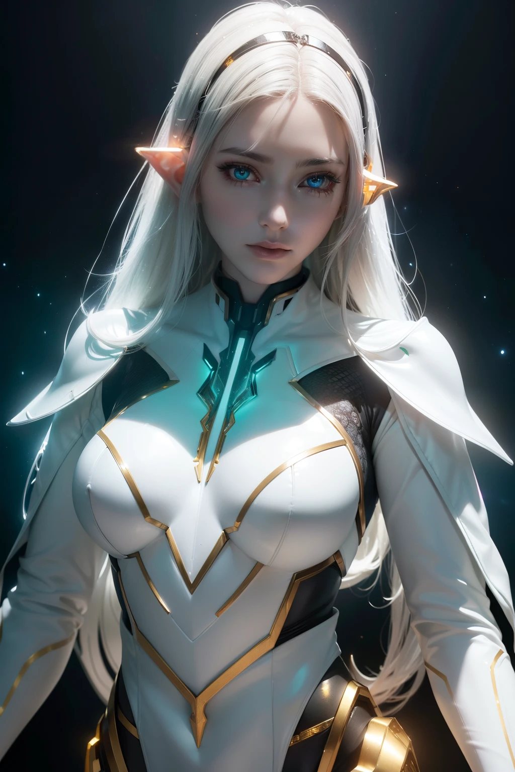 Elf, intricate perfect beauty face, detailed sharp glowing eyes, detailed face, (((half body:1))), (((beauty shape))), ((in realistic white neon-lit sci-fi mech plugsuit costume)), masterpiece, 4k, UHD (((wearing golden gauntlet with hyper realistic and detailed black))) (((aethereal aesthetic)))