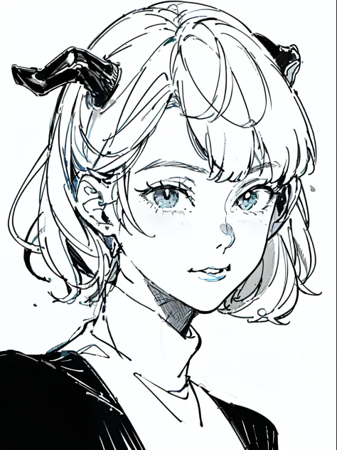best quality, high resolution, clean background, high contrast, 1 girl, close-up of the head, white background, clean line drawings, vibrant colors, beautiful face, little devil horn, short facial hair, Turtleneck, Twintail hairstyle, light hair color,