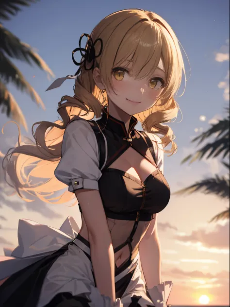 ultra-detailliert, hight resolution,sand beach、 8K,1girl in, (Mami Tomoe), Blonde hair, Drill Hair, twin drills, (Yellow eyes:1.2), white  shirt、Cute clothes, evening, Sunset,Mami walking on the beach、Beautiful clear hair has an angelic charm、front-facing ...