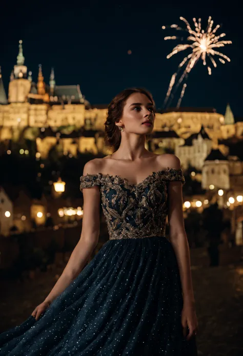 1girl, 20 years old, a beautiful girl ((looking at the night sky)), wearing an elegant and long dress, firework, a flame embroid...