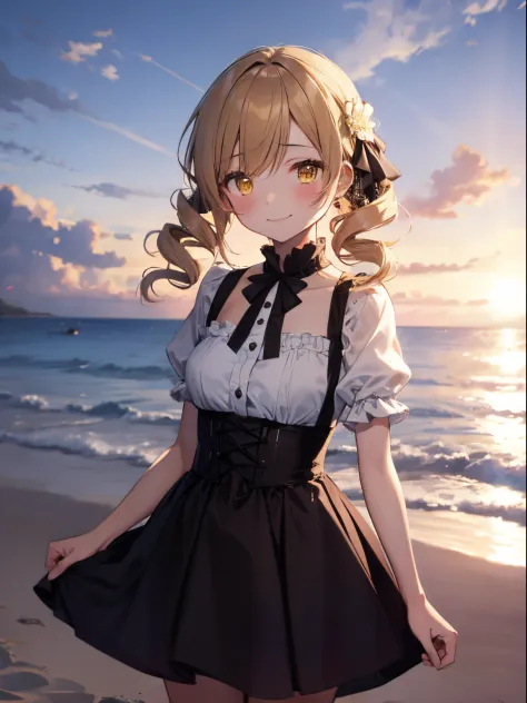 ultra-detailliert, hight resolution,sand beach、 8K,1girl in, (Mami Tomoe), Blonde hair, Drill Hair, twin drills, (Yellow eyes:1.2), white  shirt、Cute clothes, evening, Sunset,Mami walking on the beach、Beautiful clear hair has an angelic charm、front-facing ...