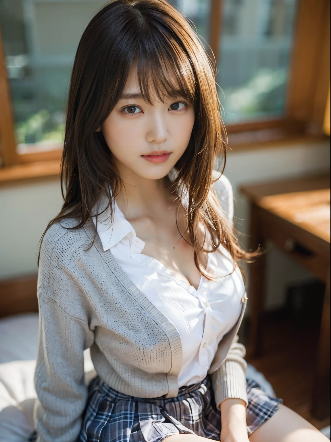 (masutepiece:1.2, top-quality), (Realistic, Photorealistic:1.4), 
Looking at Viewer, Full body, 
1 girl, Japanese, High School Girl, (Long hair:1.5), blown hair, Bangs, hair between eye, Large breasts:0.8, 
Beautiful hair, Beautiful face, Beautiful detailed eyes, Beautiful collarbone, Beautiful body, Beautiful chest, beautiful thigh, Beautiful legs, beautiful fingers beautiful scenery), , School,
((Collared shirt, White shirt, School uniform, Cardigan, Grey plaid pleated skirt))、
Smile, ,​masterpiece、top-quality、hight resolution、独奏、inside the house、Red ribbons、Undressed、bra very、Side Tie T-Back、Sprawl、From  above、Outstretched arms、irate、a bed、Disturbed clothing、Rough breath、Sexual facial expressions