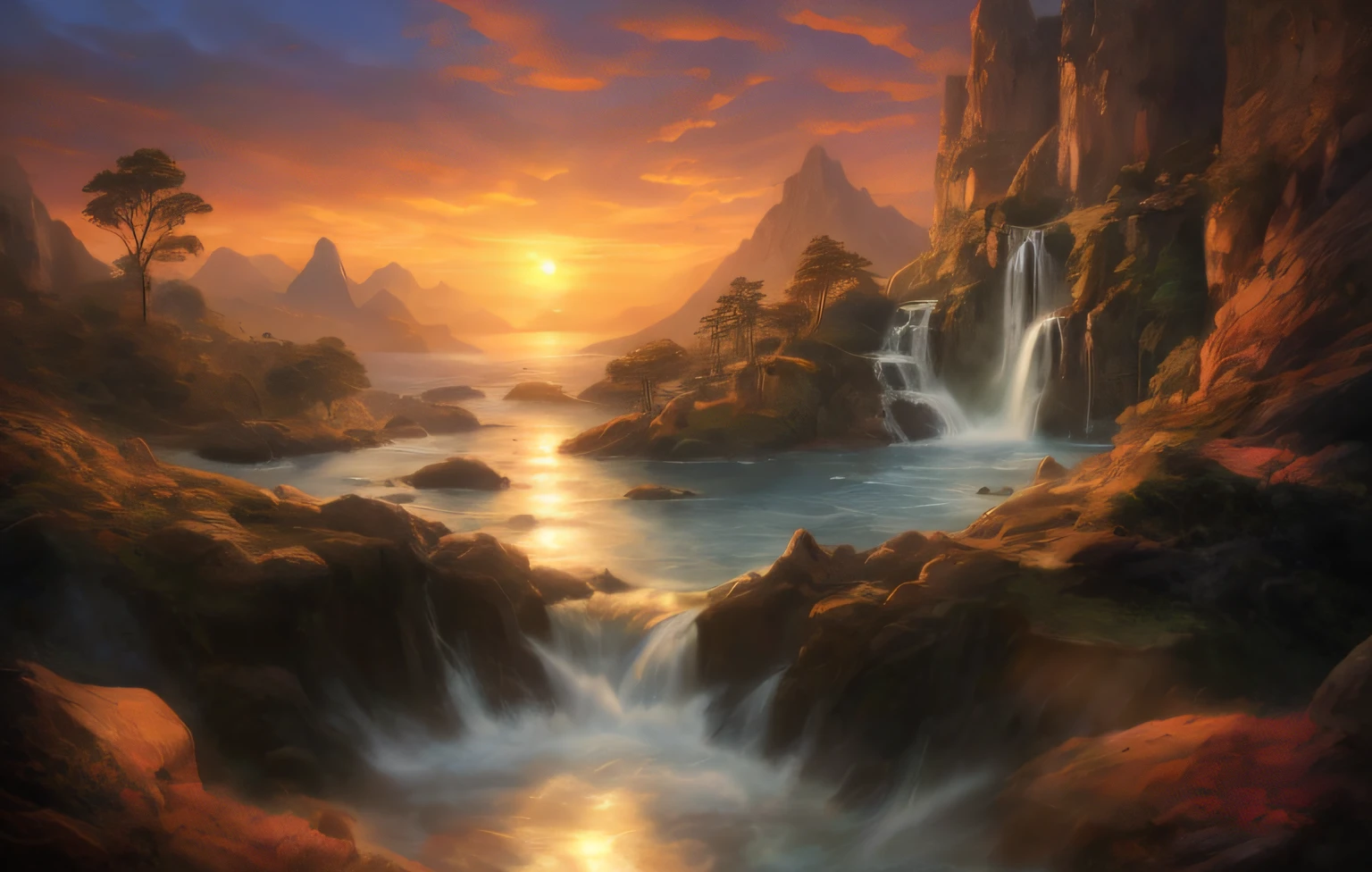 painting of a waterfall in a mountain landscape with a sunset, 4k hd matte digital painting, 4k highly detailed digital art, 8 k resolution digital painting, 8k resolution digital painting, beautiful art uhd 4 k, beautiful oil matte painting, stunning digital painting, beautiful digital painting, impressive fantasy landscape, beautiful mattepainting, fantasy art landscape, dreamlike digital painting