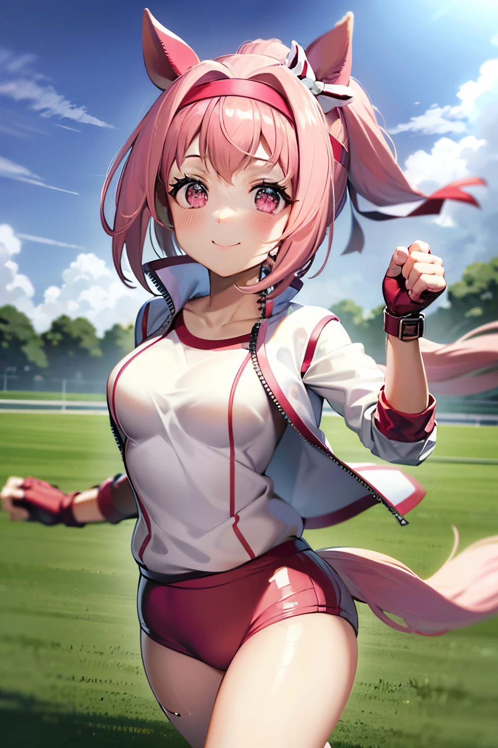 masuter piece, Best Quality, 超A high resolution, top-quality, Anime style, The best lighting, Beautiful face, Pink hair, Energetic girl, Looking at Viewer, Portrait, pink horse tail, Smiling cheerfully, (meadow background:1.2), running happily, The best lighting, The best smile, Face Close-up, (1girll:1.3), Hachimaki,