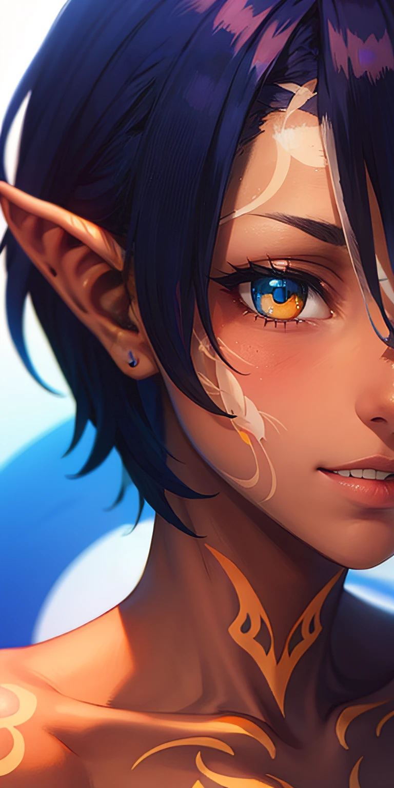 anatomically correct, best quality, masterpiece, high quality, high details, highres, HD, (shaded face:1.2), hollow eyes, (heterochromia, blue eyes, yellow eyes), looking at viewer, smirk, upper teeth, black hair, short hair, (heterochromia, blue eyes, yellow eyes), dark skin, elf, pointy ears, (shoulder tattoo, facial tattoo, tattoo), huge breasts, standing, "Photorealistic, Hyperrealistic, Hyperdetailed, analog style, soft lighting, subsurface scattering, realistic, heavy shadow, masterpiece, best quality, ultra realistic, 8k, golden ratio, Intricate, High Detail, film photography, soft focus"