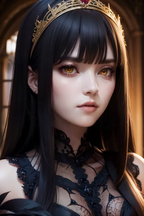 (sharp focus:1.1) photo of a vampire queen, ruby tiara, lace dress, alluring, yellow eyes, dark shadows, intensity, insanity, 8k, high quality, intricate details, close up, glowing eyes