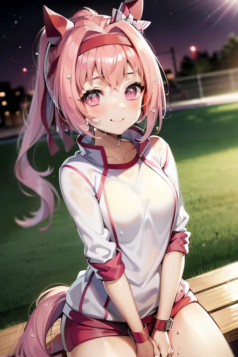 masuter piece, Best Quality, 超A high resolution, top-quality, Anime style, The best lighting, Beautiful face, Pink hair, Energetic girl, Looking at Viewer, Portrait, pink horse tail, Smiling cheerfully, (Stadium bench background:1.2), running happily, The ...